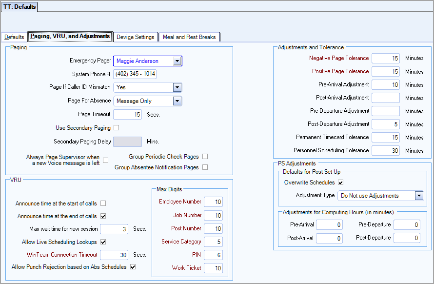 WT TeamTime Defaults Paging, VRU, and Adjustments/Tolerance